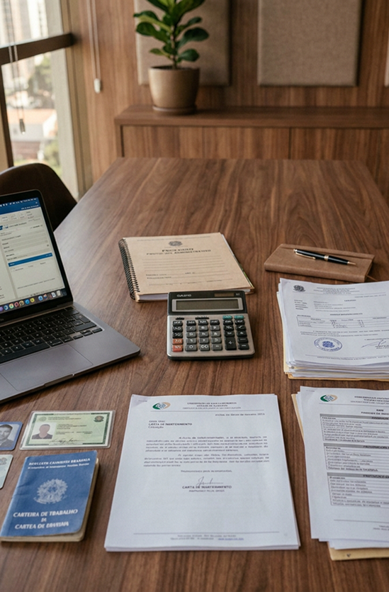 Documentos previdenciários, calculadora e carteira de trabalho sobre uma mesa de escritório